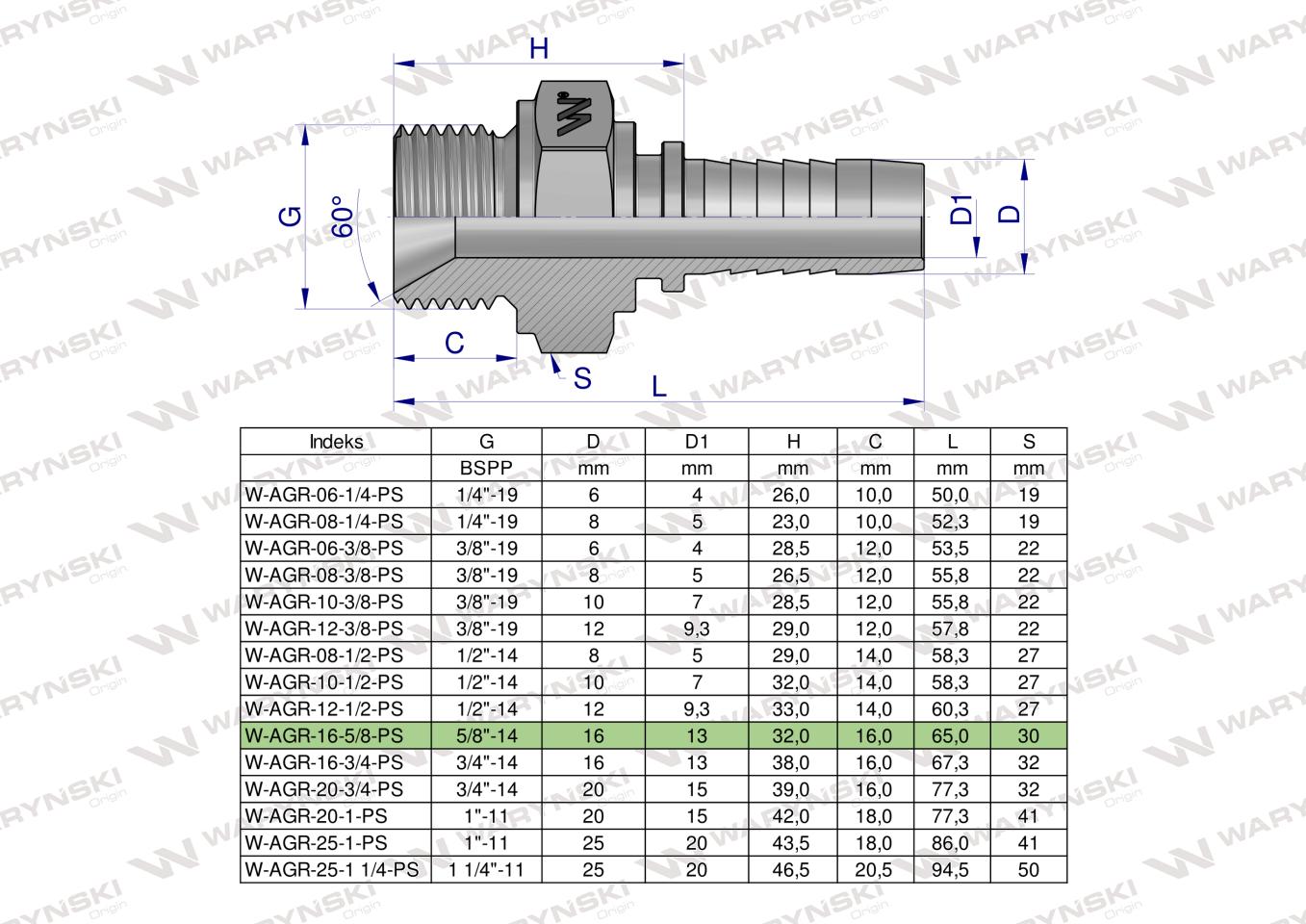 Zakucie hydrauliczne AGR DN16 5/8"-14 PREMIUM Waryński ( sprzedawane po 5 )