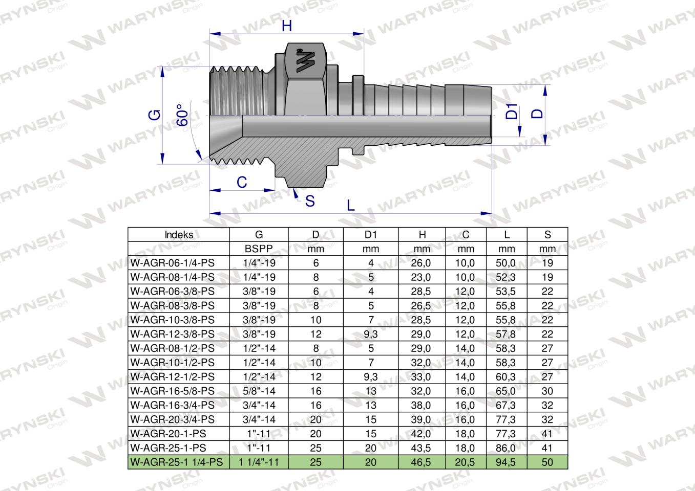 Zakucie hydrauliczne AGR DN25 1 1/4"-11 PREMIUM Waryński