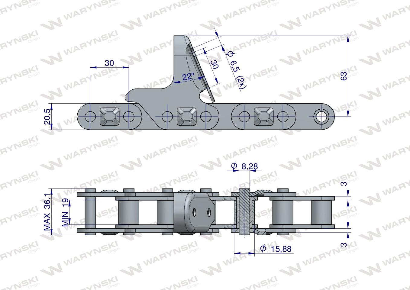 Łańcuch obrywacza kolb kukurydzy CA627-76Ps 8 płytek zastosowanie New Holland 84977231 Waryński