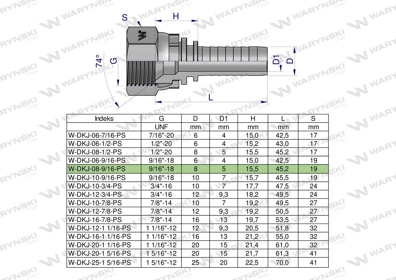 Zakucie hydrauliczne DKJ DN08 9/16"-18 UNF PREMIUM Waryński ( sprzedawane po 10 )