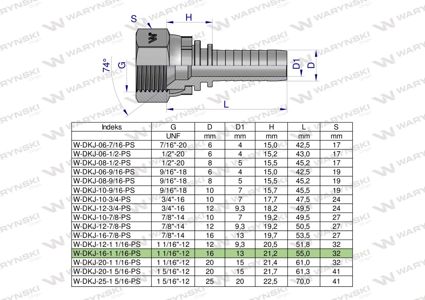 Zakucie hydrauliczne DKJ DN16 1 1/16"-12 UNF PREMIUM Waryński ( sprzedawane po 10 )
