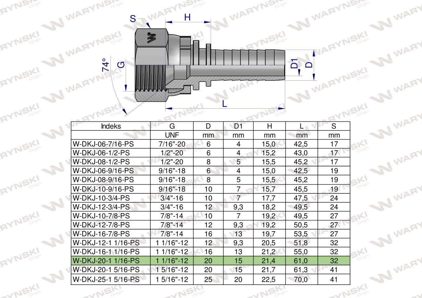Zakucie hydrauliczne DKJ DN20 1 1/16"-12 UNF PREMIUM Waryński (sprzedawane po 5)