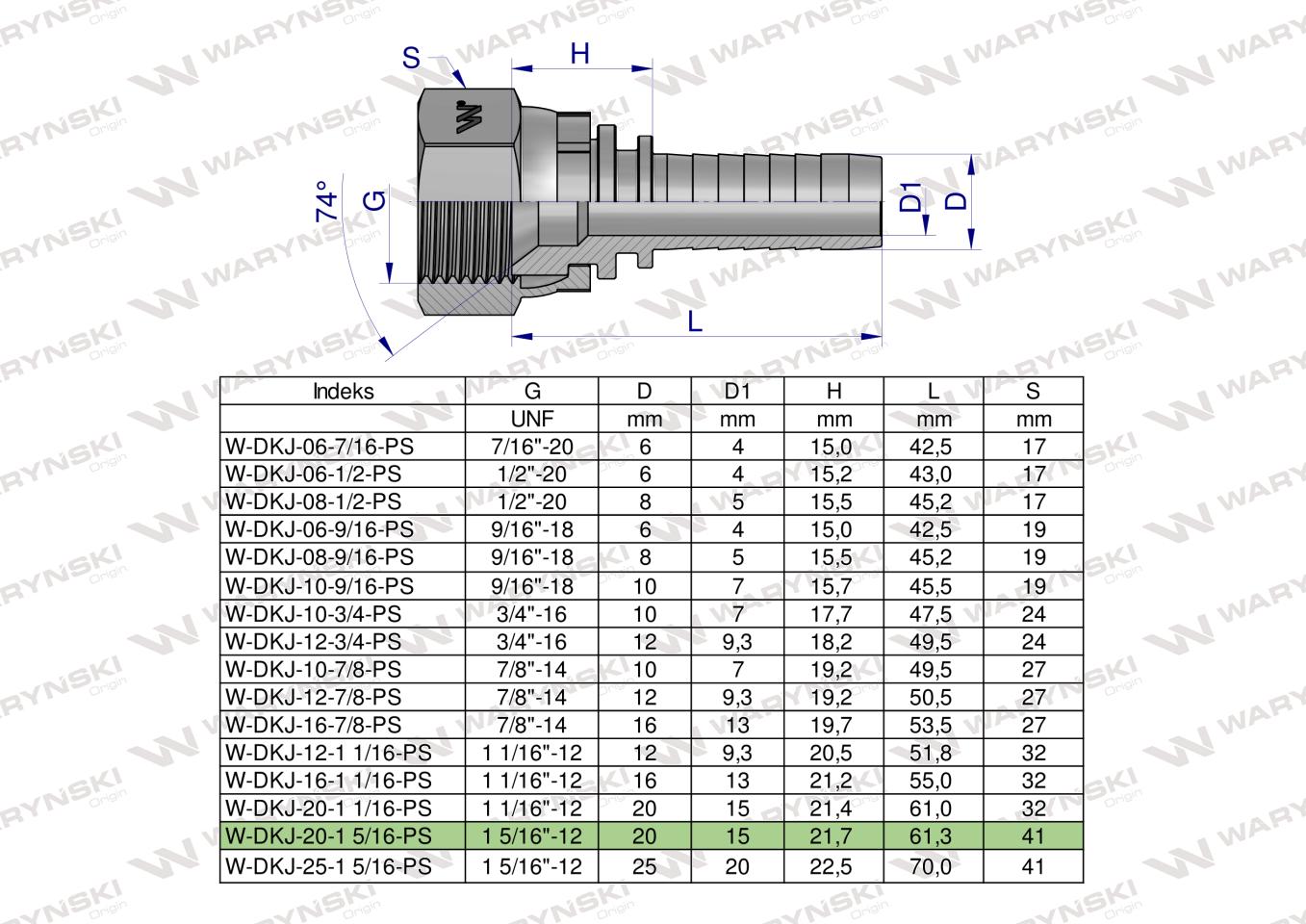 Zakucie hydrauliczne DKJ DN20 1 5/16"-12 UNF PREMIUM Waryński ( sprzedawane po 2 )