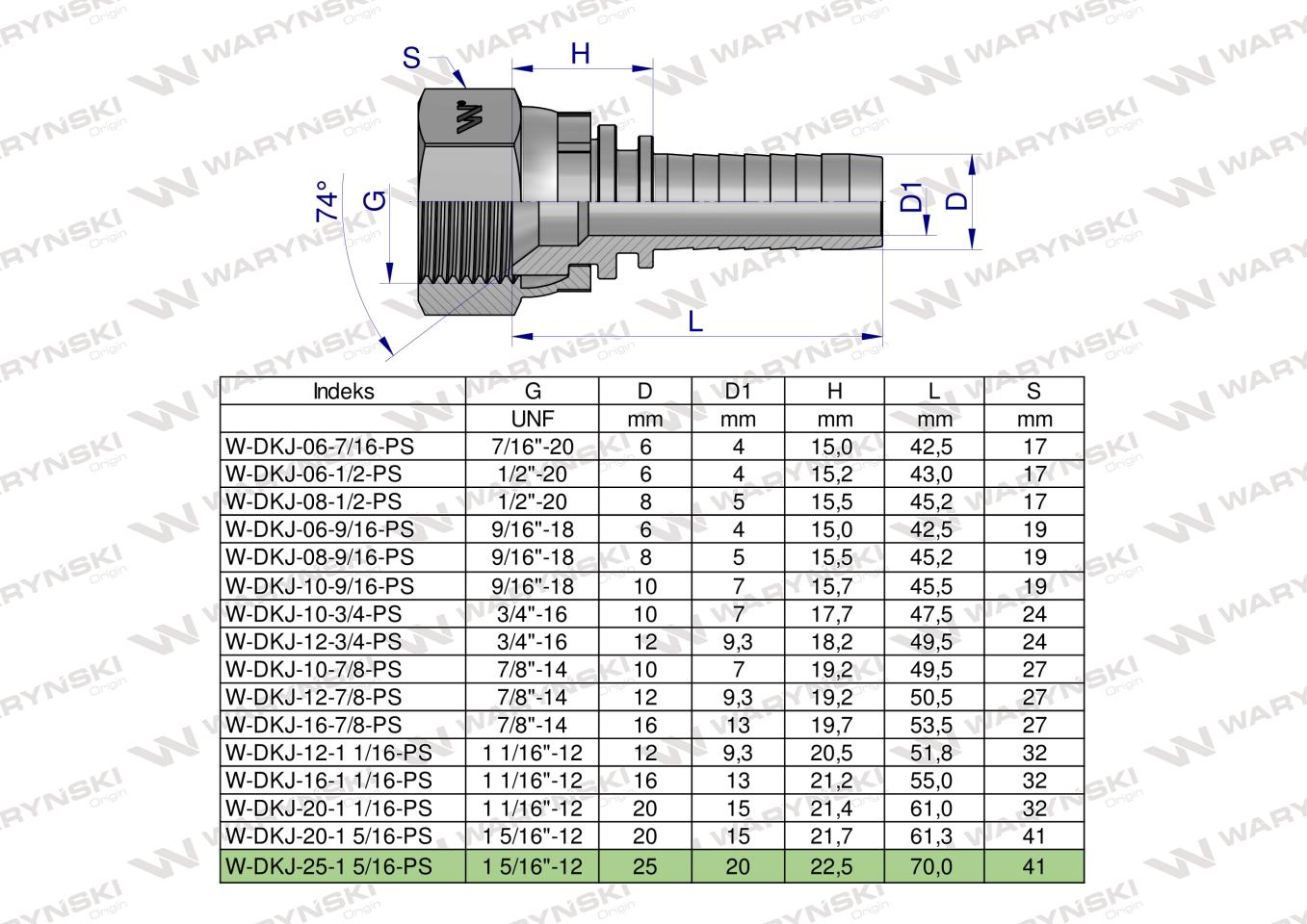 Zakucie hydrauliczne DKJ DN25 1 5/16"-12 UNF PREMIUM Waryński