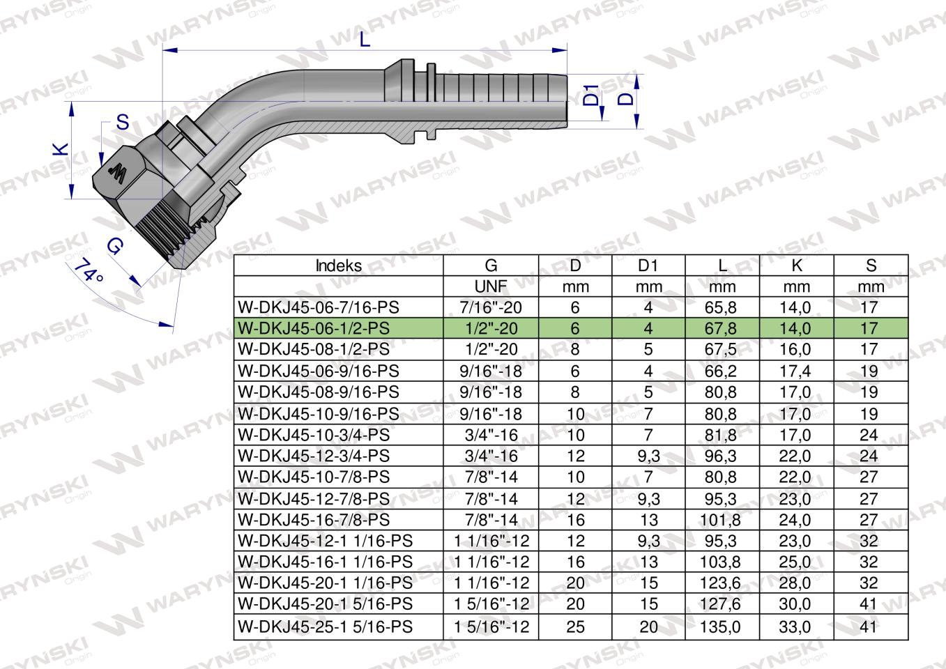 Zakucie hydrauliczne DKJ45 DN06 1/2"-20 UNF PREMIUM Waryński ( sprzedawane po 5 )