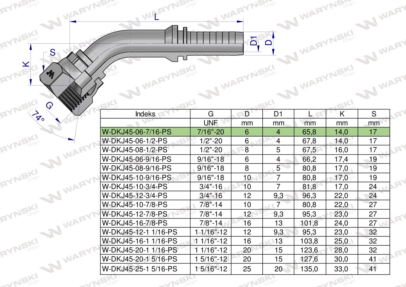 Zakucie hydrauliczne DKJ45 DN06 7/16"-20 UNF PREMIUM Waryński ( sprzedawane po 5 )