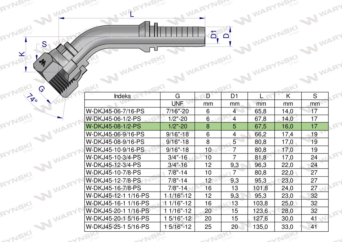 Zakucie hydrauliczne DKJ45 DN08 1/2"-20 UNF PREMIUM Waryński ( sprzedawane po 5 )