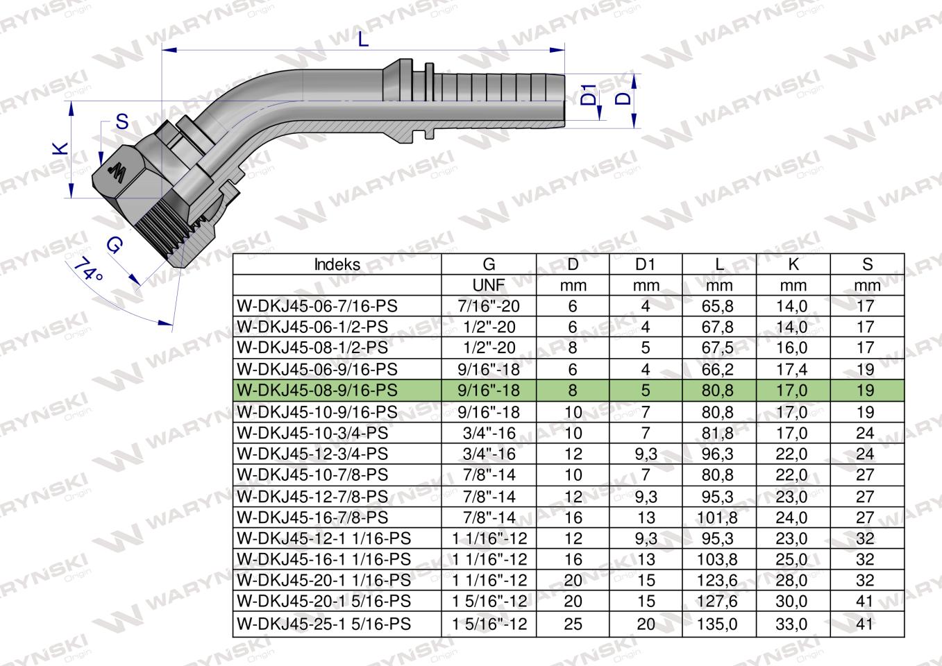 Zakucie hydrauliczne DKJ45 DN08 9/16"-18 UNF PREMIUM Waryński ( sprzedawane po 5 )