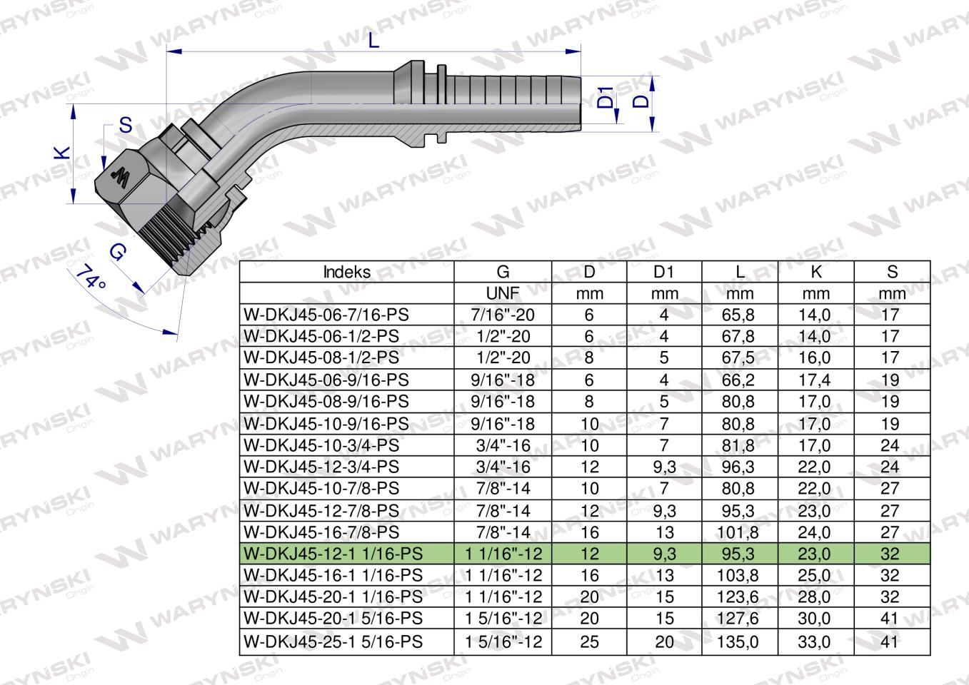Zakucie hydrauliczne DKJ45 DN13 1 1/16"-12 UNF PREMIUM Waryński ( sprzedawane po 2 )