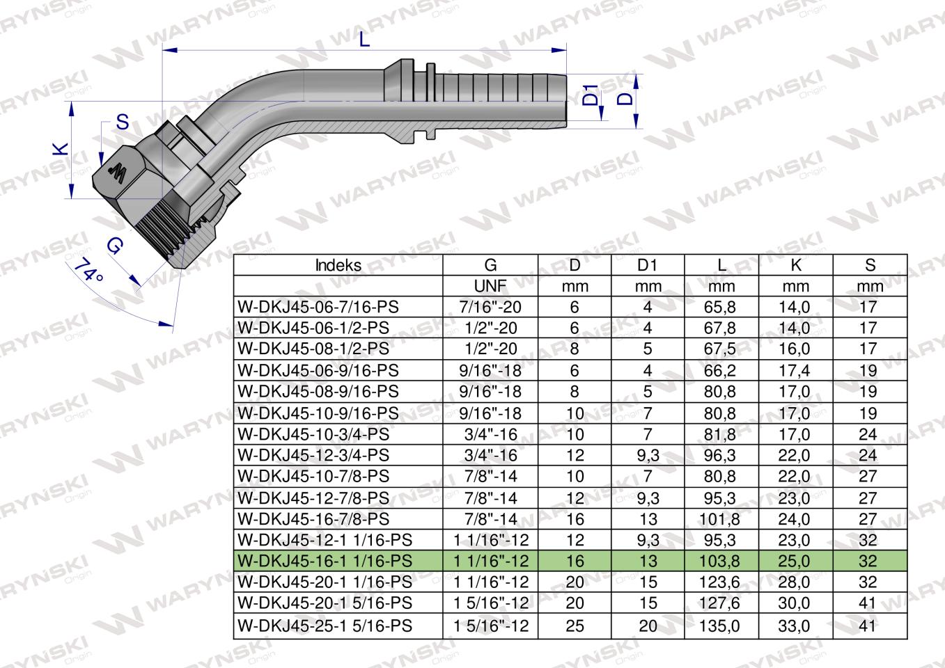 Zakucie hydrauliczne DKJ45 DN16 1 1/16"-12 UNF PREMIUM Waryński ( sprzedawane po 2 )
