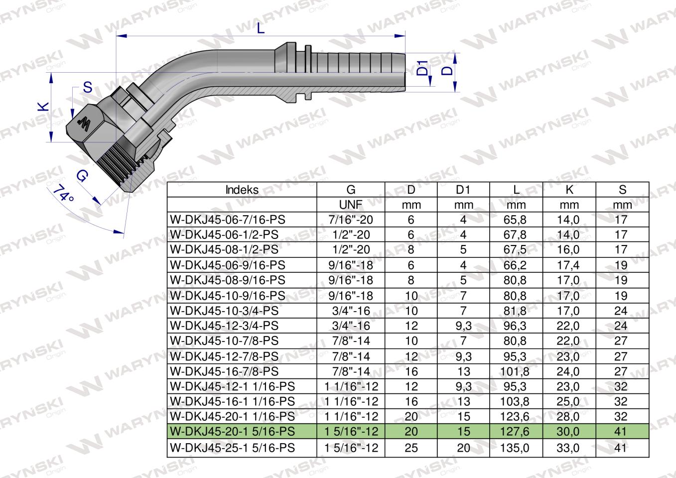 Zakucie hydrauliczne DKJ45 DN20 1 5/16"-12 UNF PREMIUM Waryński (sprzedawane po 2 )