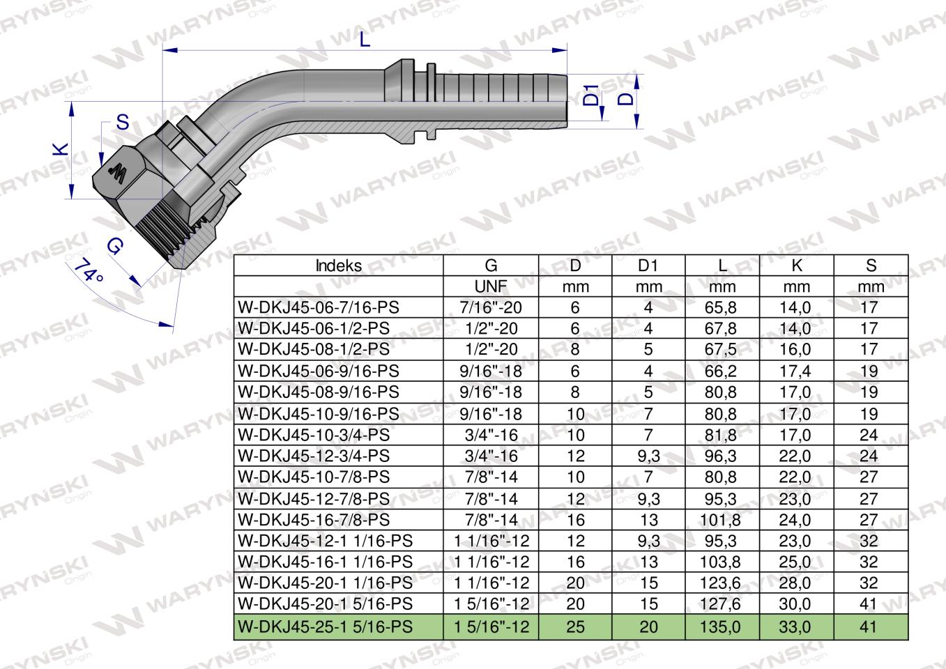 Zakucie hydrauliczne DKJ45 DN25 1 5/16"-12 UNF PREMIUM Waryński (sprzedawane po 2 )