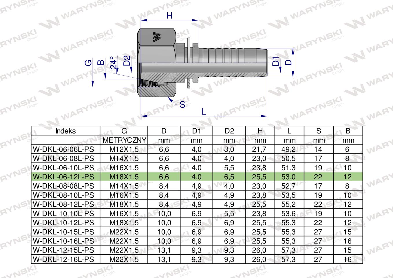 Zakucie hydrauliczne DKL DN06 12L M18x1.5 PREMIUM Waryński ( sprzedawane po 10 )