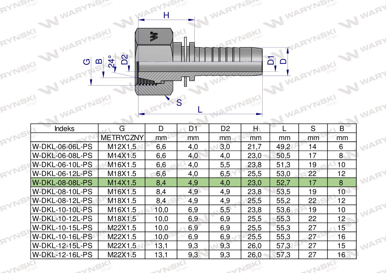 Zakucie hydrauliczne DKL DN08 08L M14x1.5 PREMIUM Waryński ( sprzedawane po 10 )