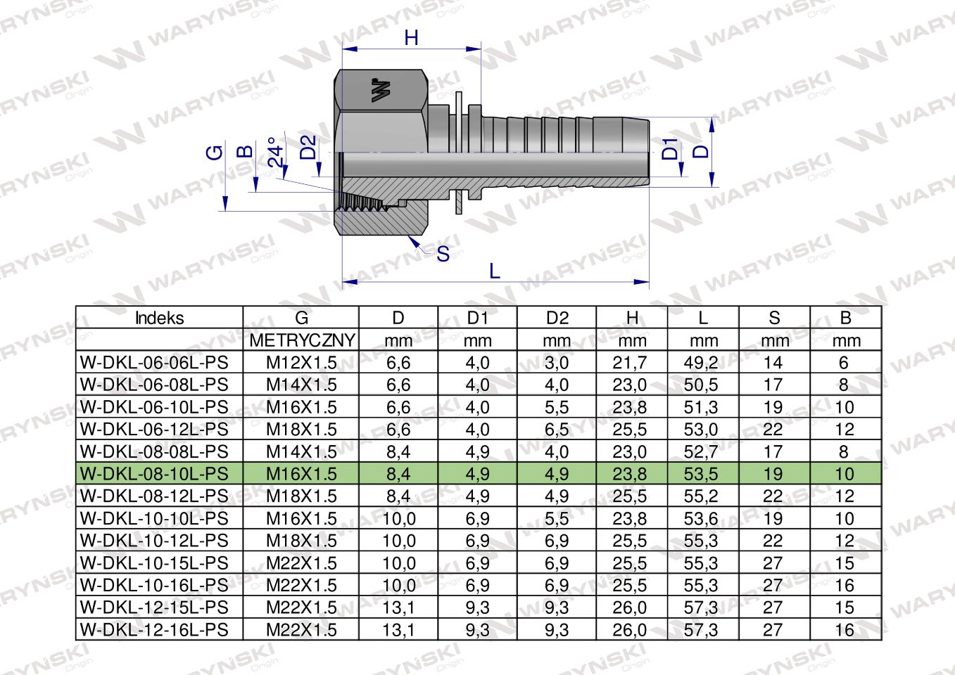 Zakucie hydrauliczne DKL DN08 10L M16x1.5 PREMIUM Waryński ( sprzedawane po 25 )