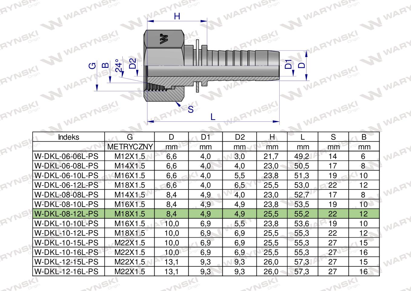 Zakucie hydrauliczne DKL DN08 12L M18x1.5 PREMIUM Waryński ( sprzedawane po 10 )