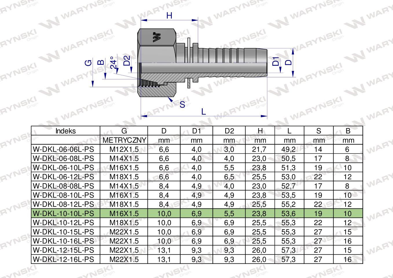 Zakucie hydrauliczne DKL DN10 10L M16x1.5 PREMIUM Waryński ( sprzedawane po 10 )
