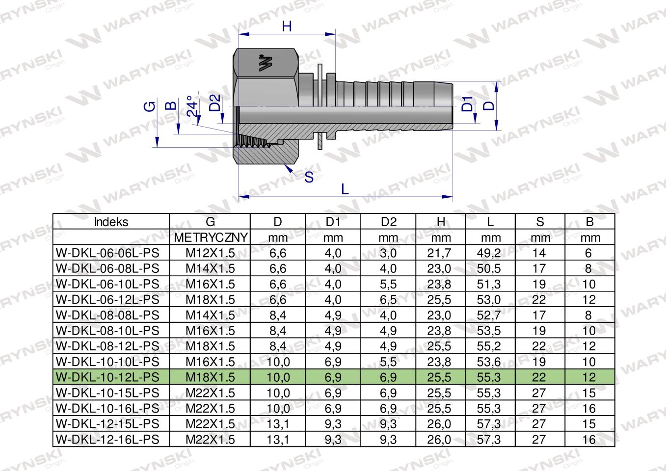 Zakucie hydrauliczne DKL DN10 12L M18x1.5 PREMIUM Waryński ( sprzedawane po 25 )