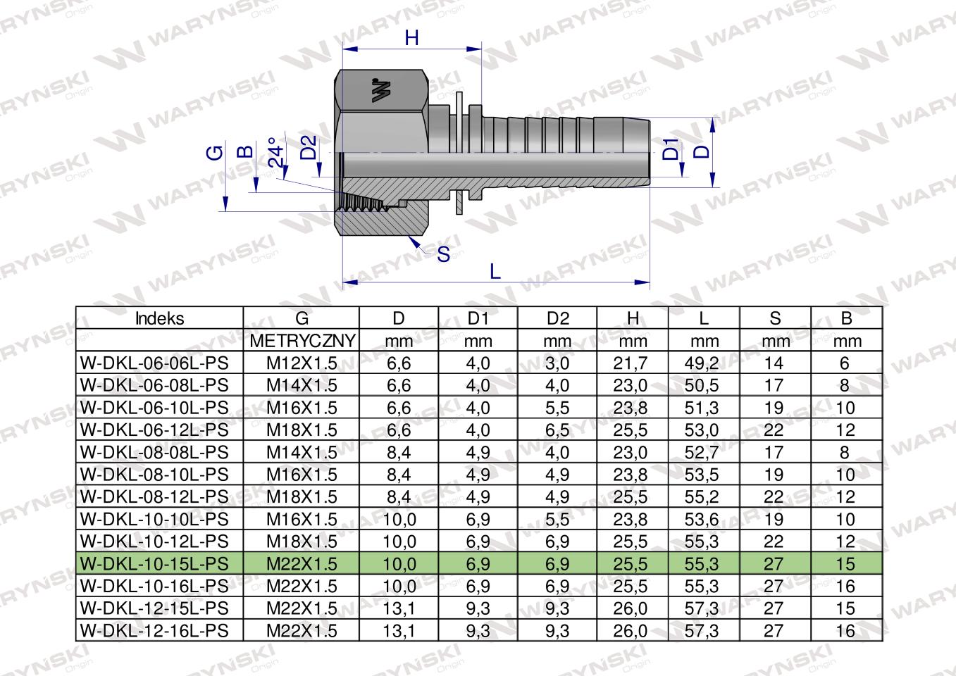 Zakucie hydrauliczne DKL DN10 15L M22x1.5 PREMIUM Waryński ( sprzedawane po 25 )