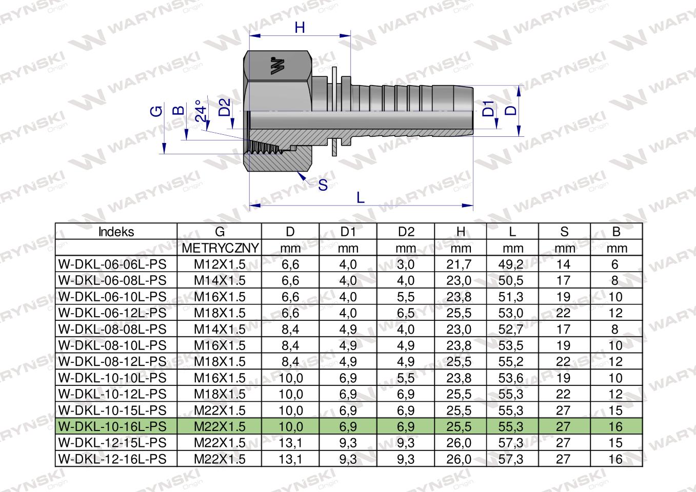 Zakucie hydrauliczne DKL DN10 16L M22x1.5 PREMIUM Waryński ( sprzedawane po 25 )