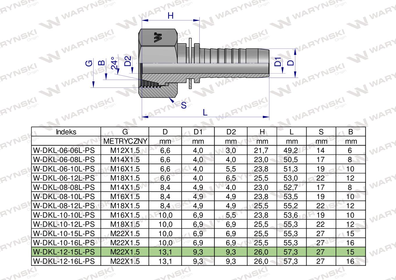 Zakucie hydrauliczne DKL DN13 15L M22x1.5 PREMIUM Waryński ( sprzedawane po 25 )