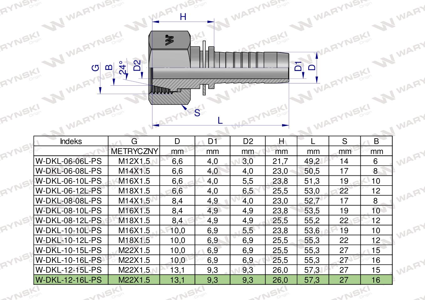 Zakucie hydrauliczne DKL DN13 16L M22x1.5 PREMIUM Waryński ( sprzedawane po 25 )