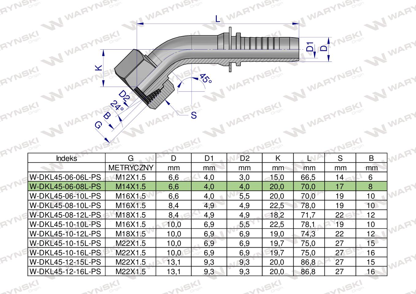 Zakucie hydrauliczne DKL45 DN06 08L M14x1.5 PREMIUM Waryński ( sprzedawane po 10 )