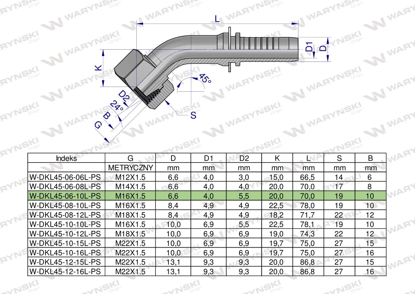 Zakucie hydrauliczne DKL45 DN06 10L M16x1.5 PREMIUM Waryński ( sprzedawane po 5 )
