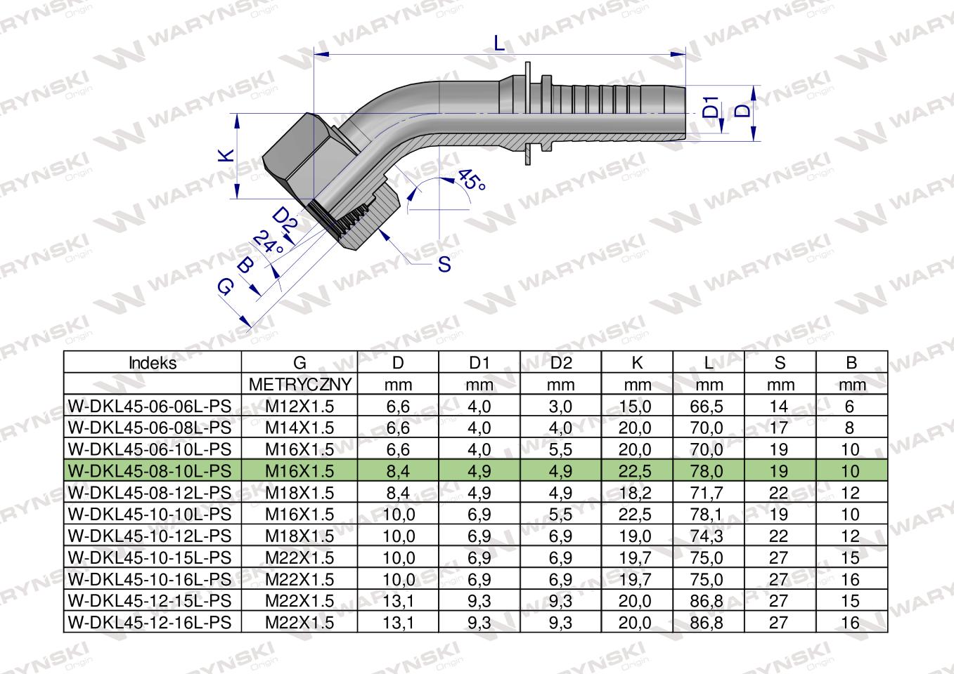 Zakucie hydrauliczne DKL45 DN08 10L M16x1.5 PREMIUM Waryński ( sprzedawane po 10 )