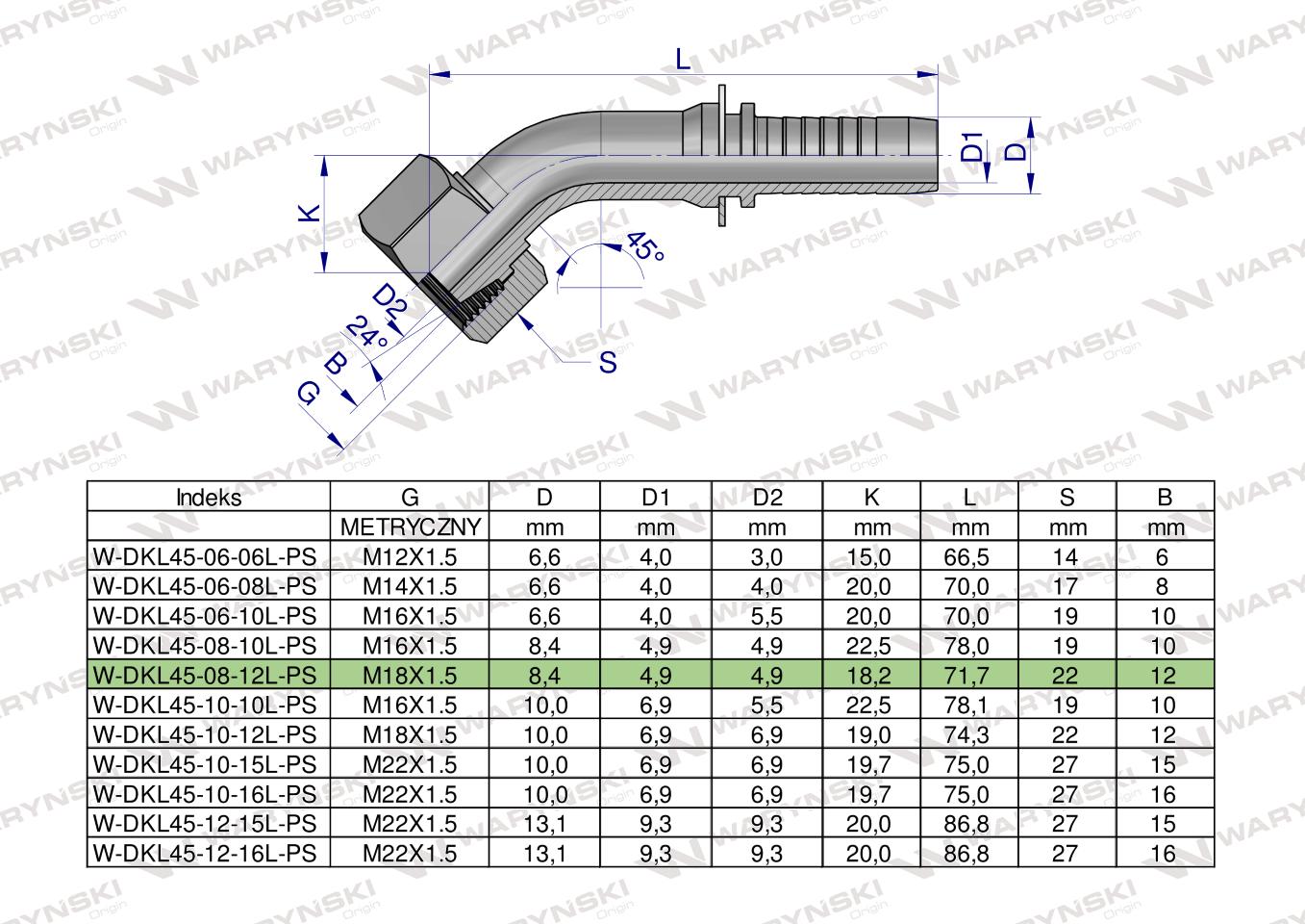 Zakucie hydrauliczne DKL45 DN08 12L M18x1.5 PREMIUM Waryński ( sprzedawane po 5 )