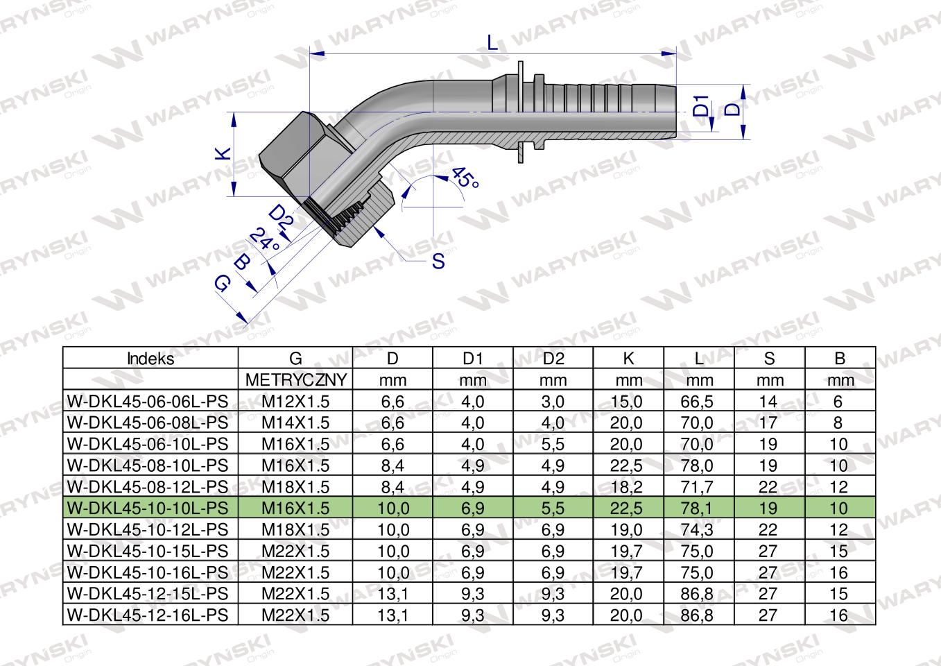 Zakucie hydrauliczne DKL45 DN10 10L M16x1.5 PREMIUM Waryński ( sprzedawane po 5 )