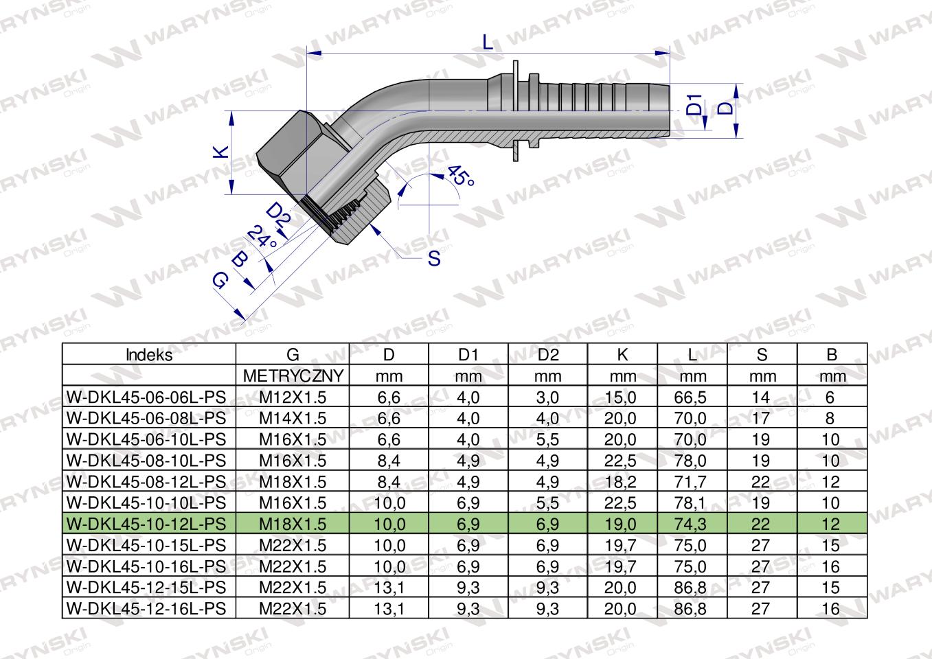 Zakucie hydrauliczne DKL45 DN10 12L M18x1.5 PREMIUM Waryński ( sprzedawane po 10 )
