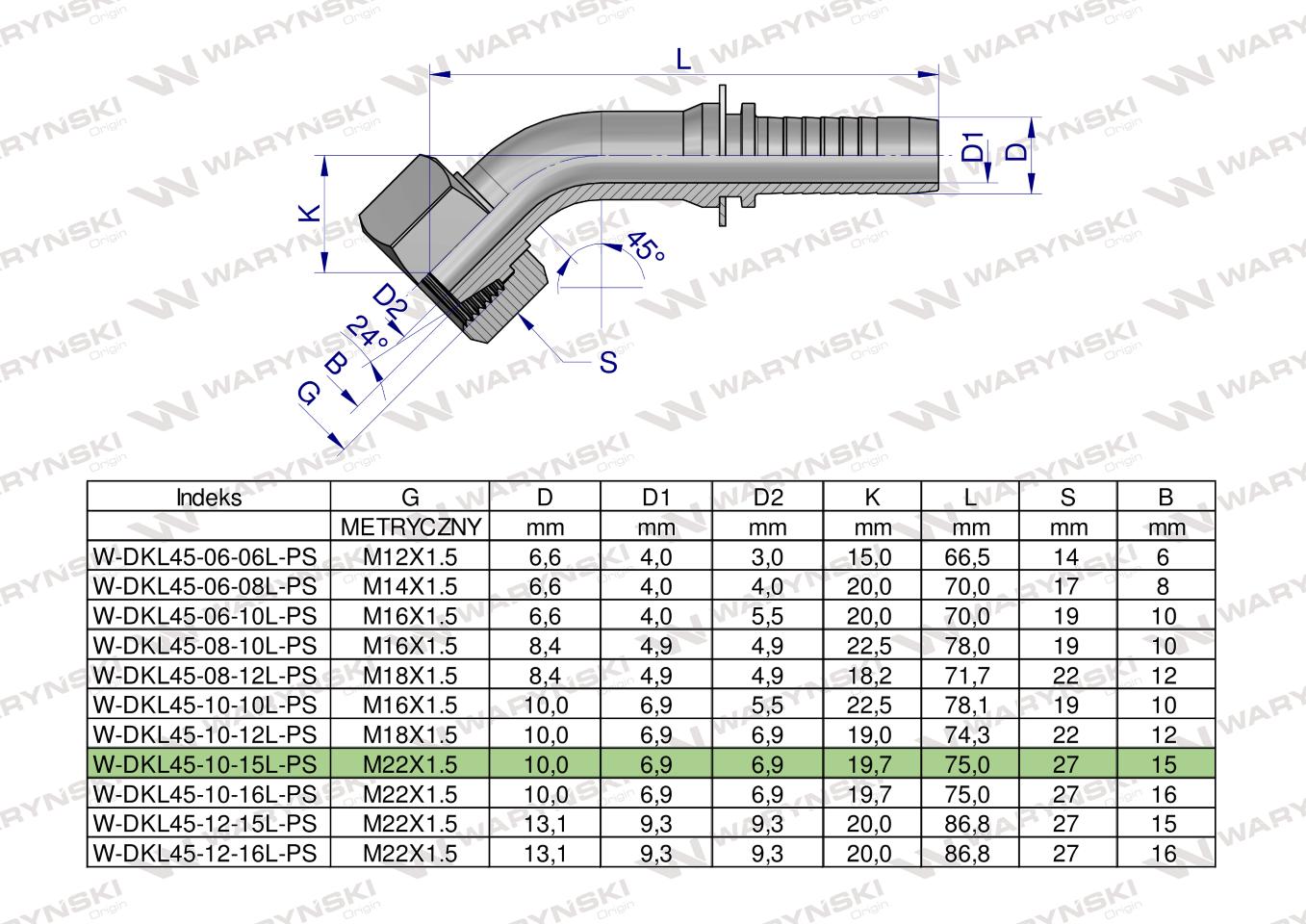 Zakucie hydrauliczne DKL45 DN10 15L M22x1.5 PREMIUM Waryński ( sprzedawane po 5 )