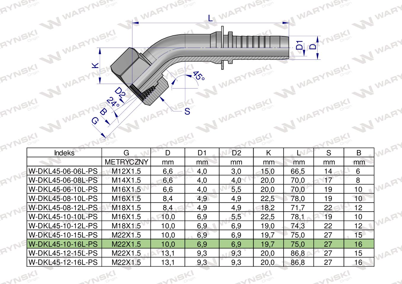 Zakucie hydrauliczne DKL45 DN10 16L M22x1.5 PREMIUM Waryński ( sprzedawane po 5 )