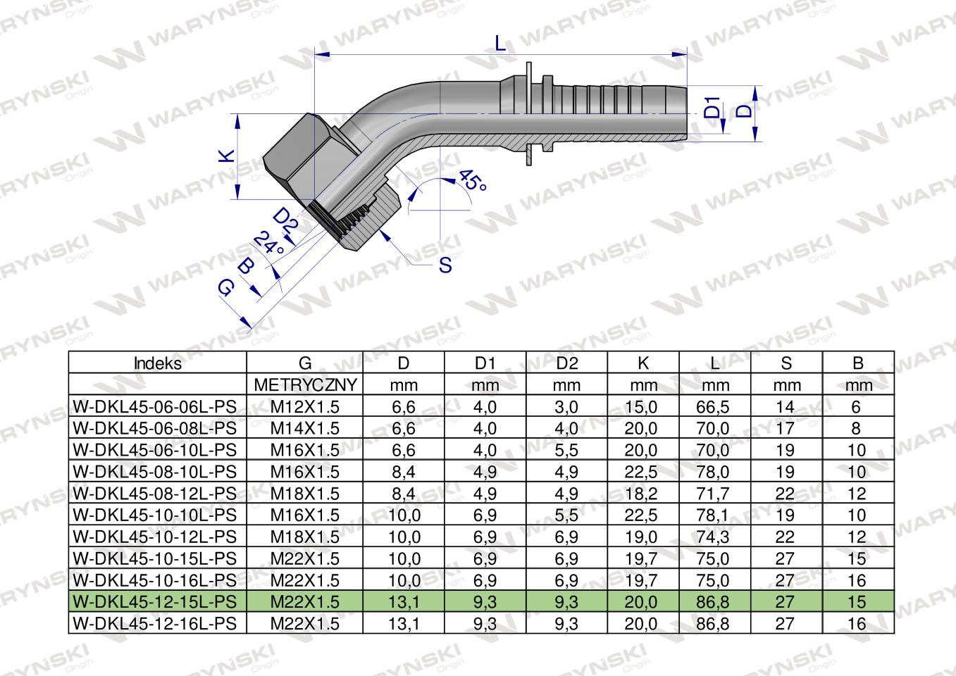 Zakucie hydrauliczne DKL45 DN13 15L M22x1.5 PREMIUM Waryński ( sprzedawane po 10 )