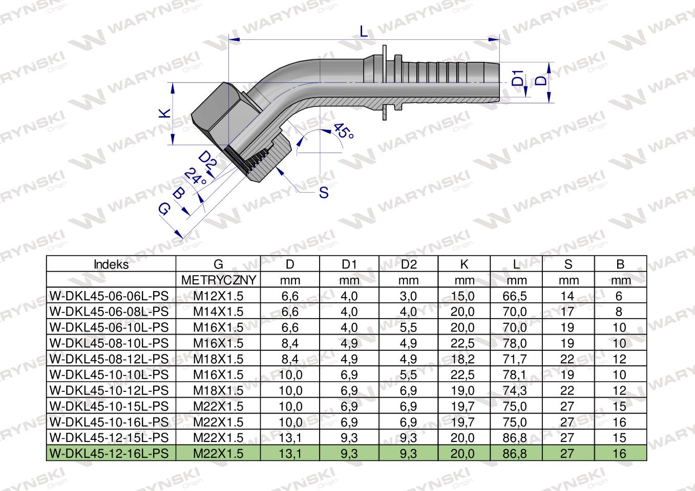 Zakucie hydrauliczne DKL45 DN13 16L M22x1.5 PREMIUM Waryński ( sprzedawane po 5 )