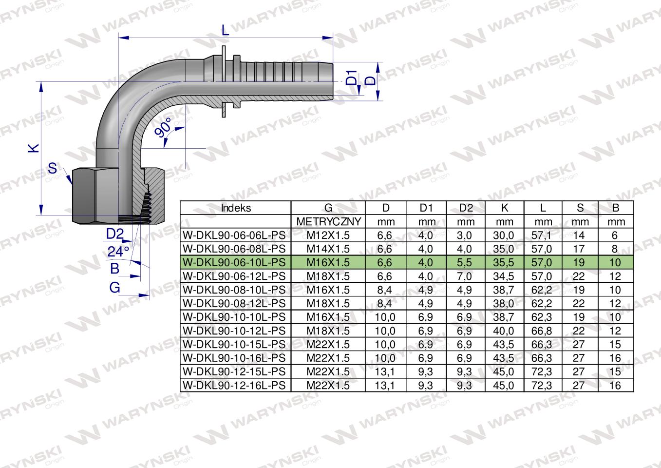 Zakucie hydrauliczne DKL90 DN06 10L M16x1.5 PREMIUM Waryński ( sprzedawane po 10 )