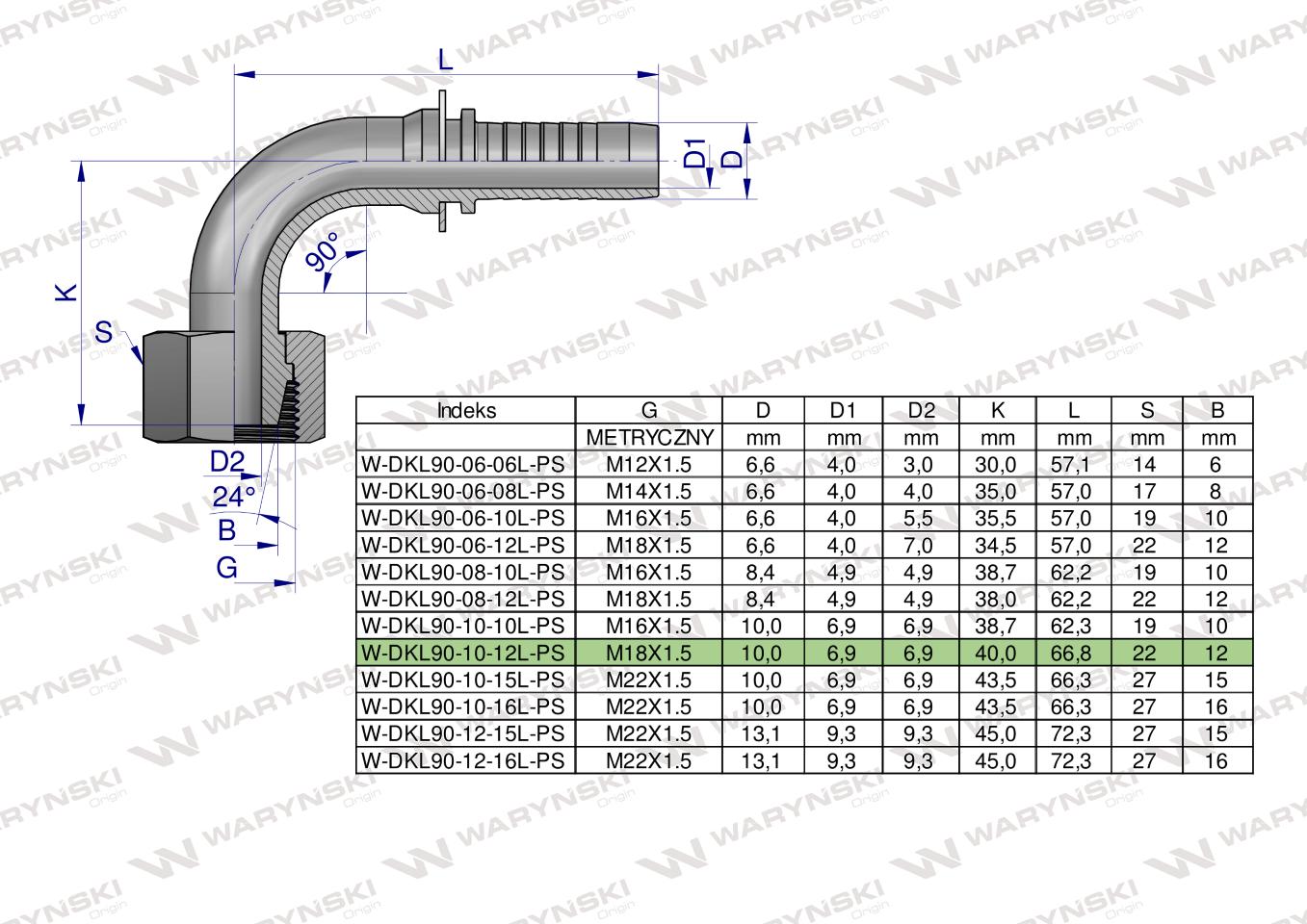 Zakucie hydrauliczne DKL90 DN10 12L M18x1.5 PREMIUM Waryński ( sprzedawane po 10 )