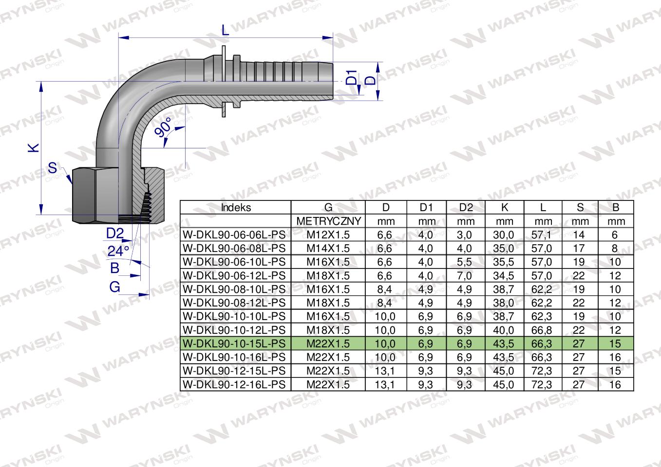 Zakucie hydrauliczne DKL90 DN10 15L M22x1.5 PREMIUM Waryński ( sprzedawane po 10 )