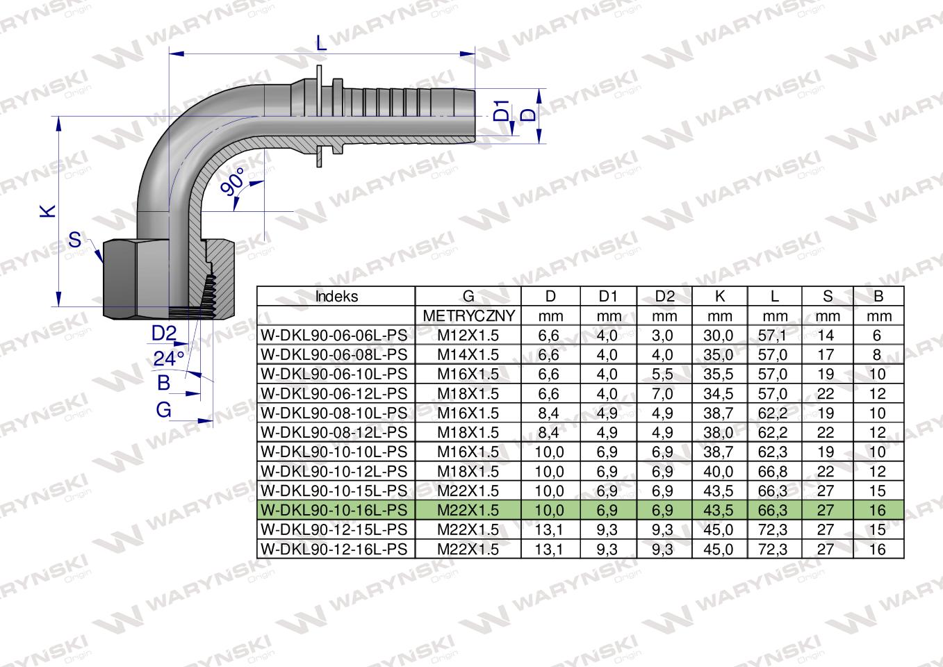 Zakucie hydrauliczne DKL90 DN10 16L M22x1.5 PREMIUM Waryński ( sprzedawane po 10 )