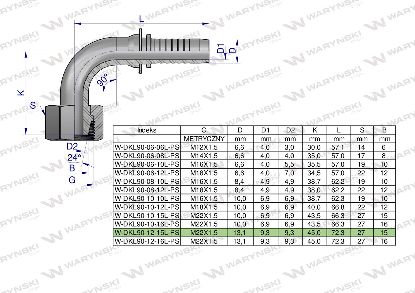 Zakucie hydrauliczne DKL90 DN13 15L M22x1.5 PREMIUM Waryński ( sprzedawane po 10 )