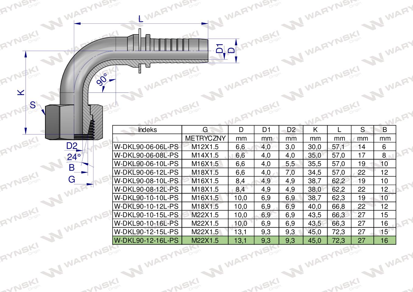 Zakucie hydrauliczne DKL90 DN13 16L M22x1.5 PREMIUM Waryński ( sprzedawane po 10 )