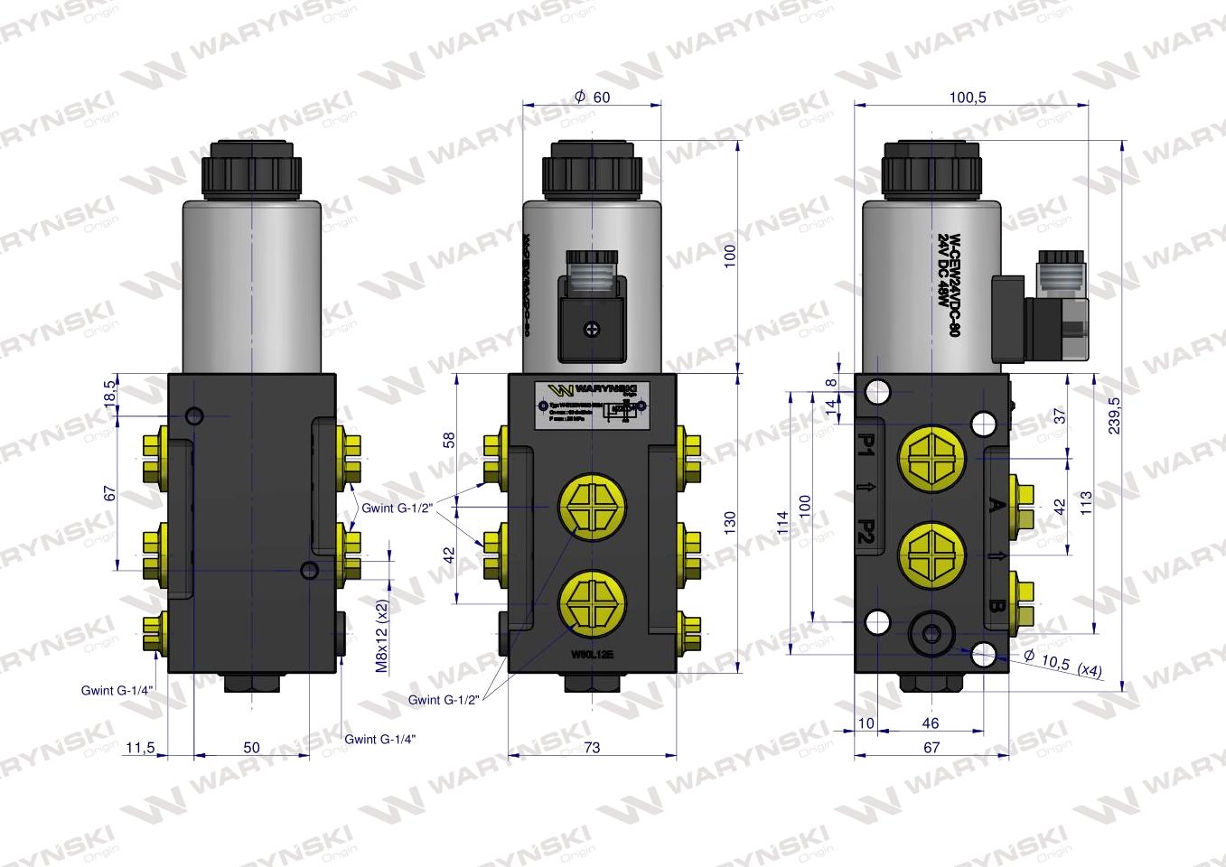 Dzielnik. zawór. elektrozawór kierunkowy elektromagnetyczny kontroli W-E12DVS6/2-80L G1/2" 80L (24V DC) Waryński