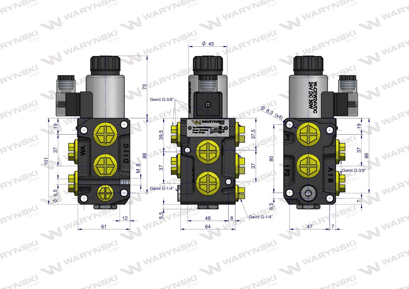Dzielnik. zawór. elektrozawór kierunkowy elektromagnetyczny kontroli W-E38DVS6/2 (DVS6/50 L/MIN) G3/8" 50L (24V DC) Waryński