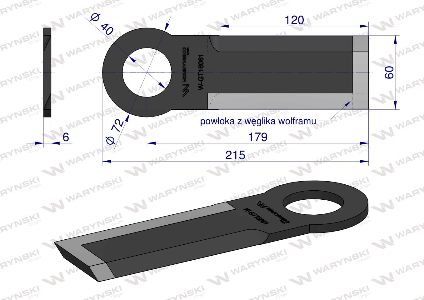 Nóż krótki przystawki do kukurydzy napawany 215x60x6 otwór 40mm zastosowanie Olimac Drago WARYŃSKI