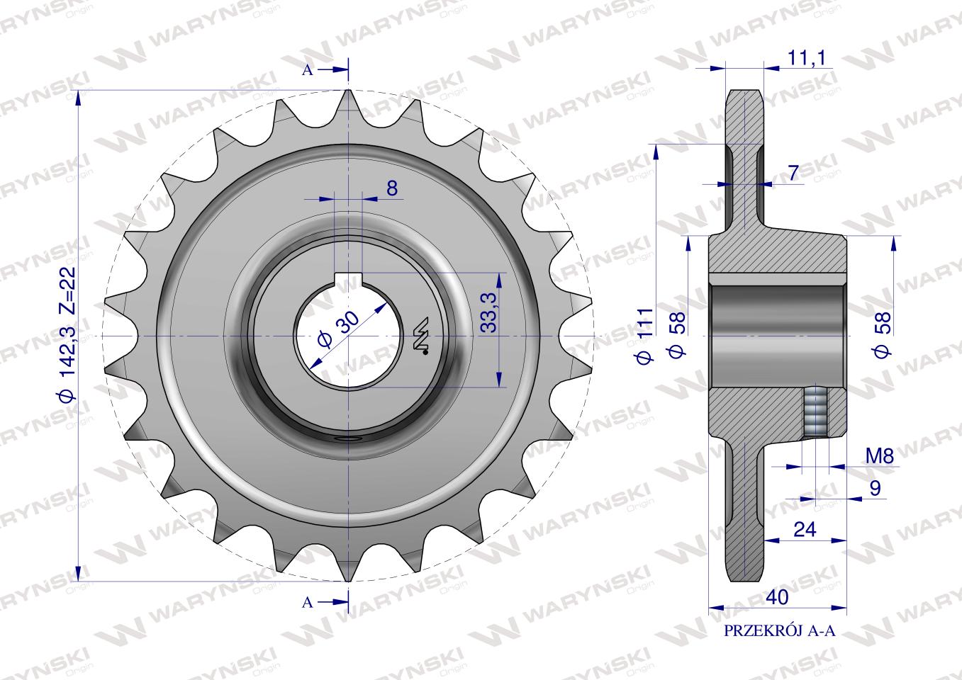 Koło, łańcuchowe stalowe hartowane Z-22 3/4" fi-30 2208050040, Rozrzutnik, Waryński