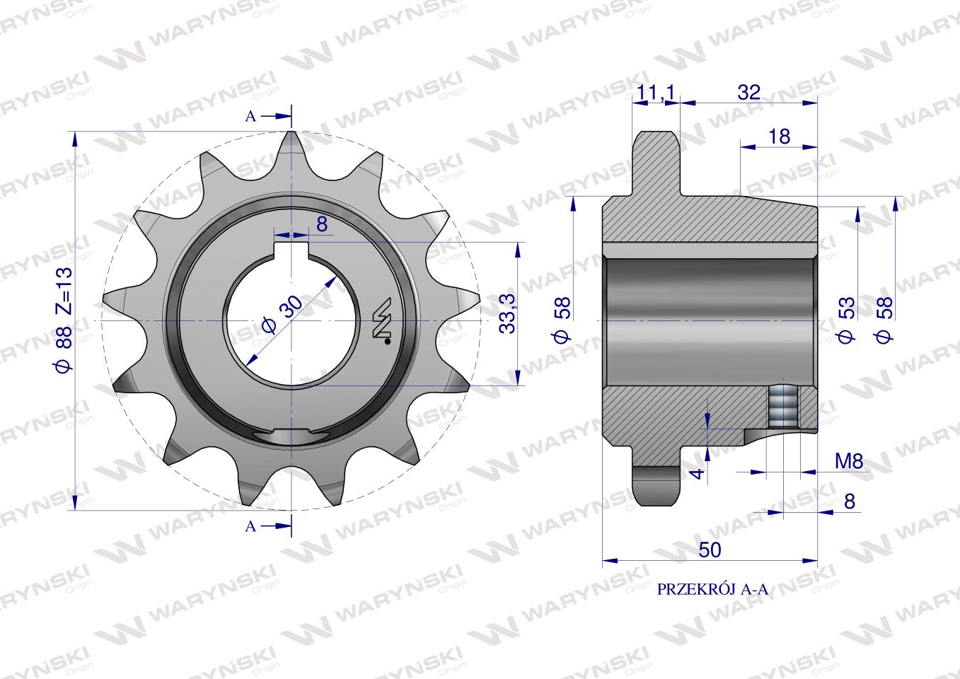 Koło, łańcuchowe stalowe hartowane Z-13 3/4" fi-30 z piastą tuleją 2219060080, Rozrzutnik, Waryński