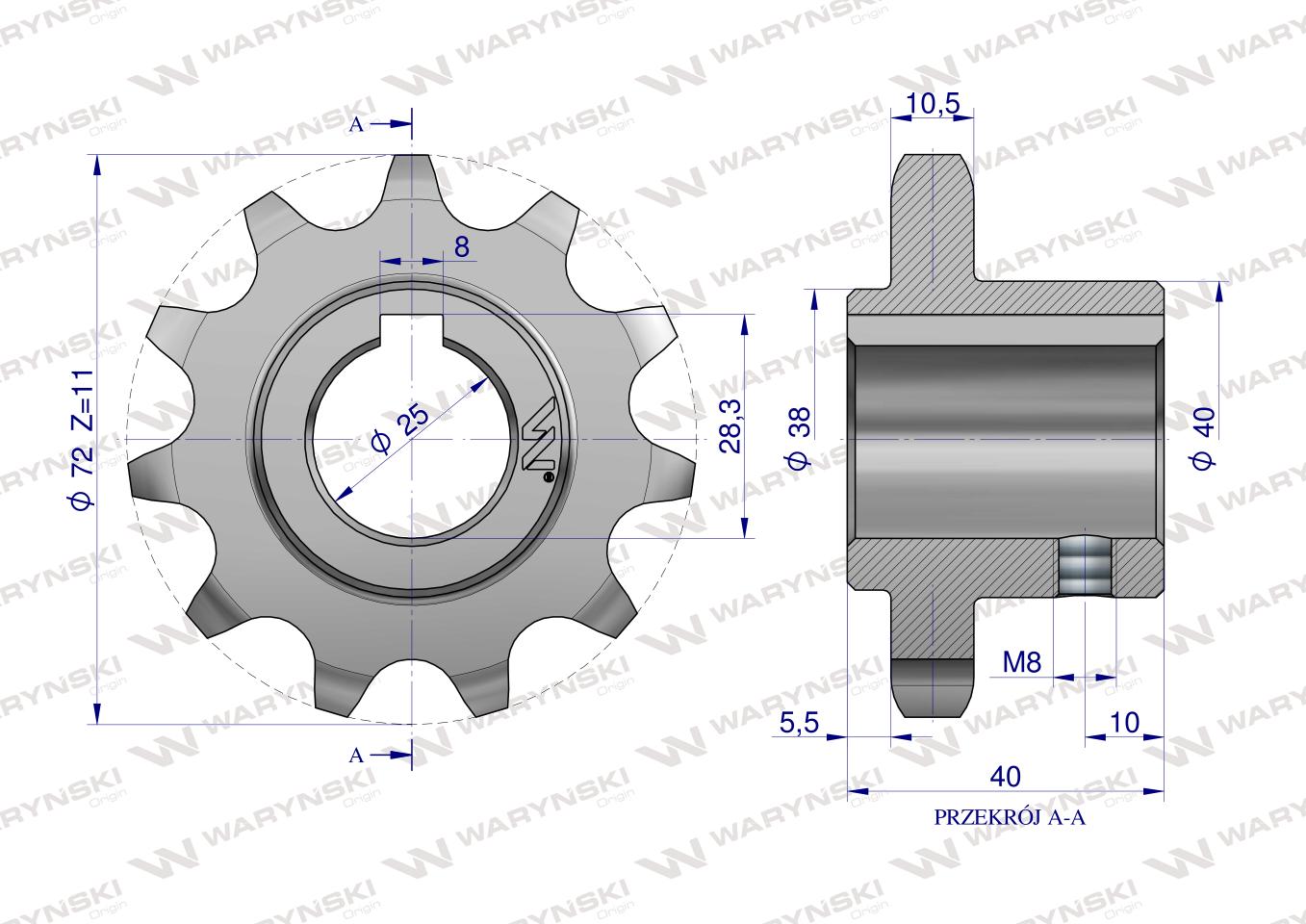 Koło, łańcuchowe stalowe hartowane Z-11 3/4 fi-25, Bizon, Waryński