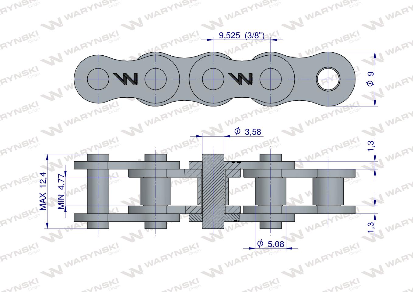 Łańcuch rolkowy wzmocniony 06A-1 ANSI A 35 06C-1 (R1 3/8) 2.5 m Waryński
