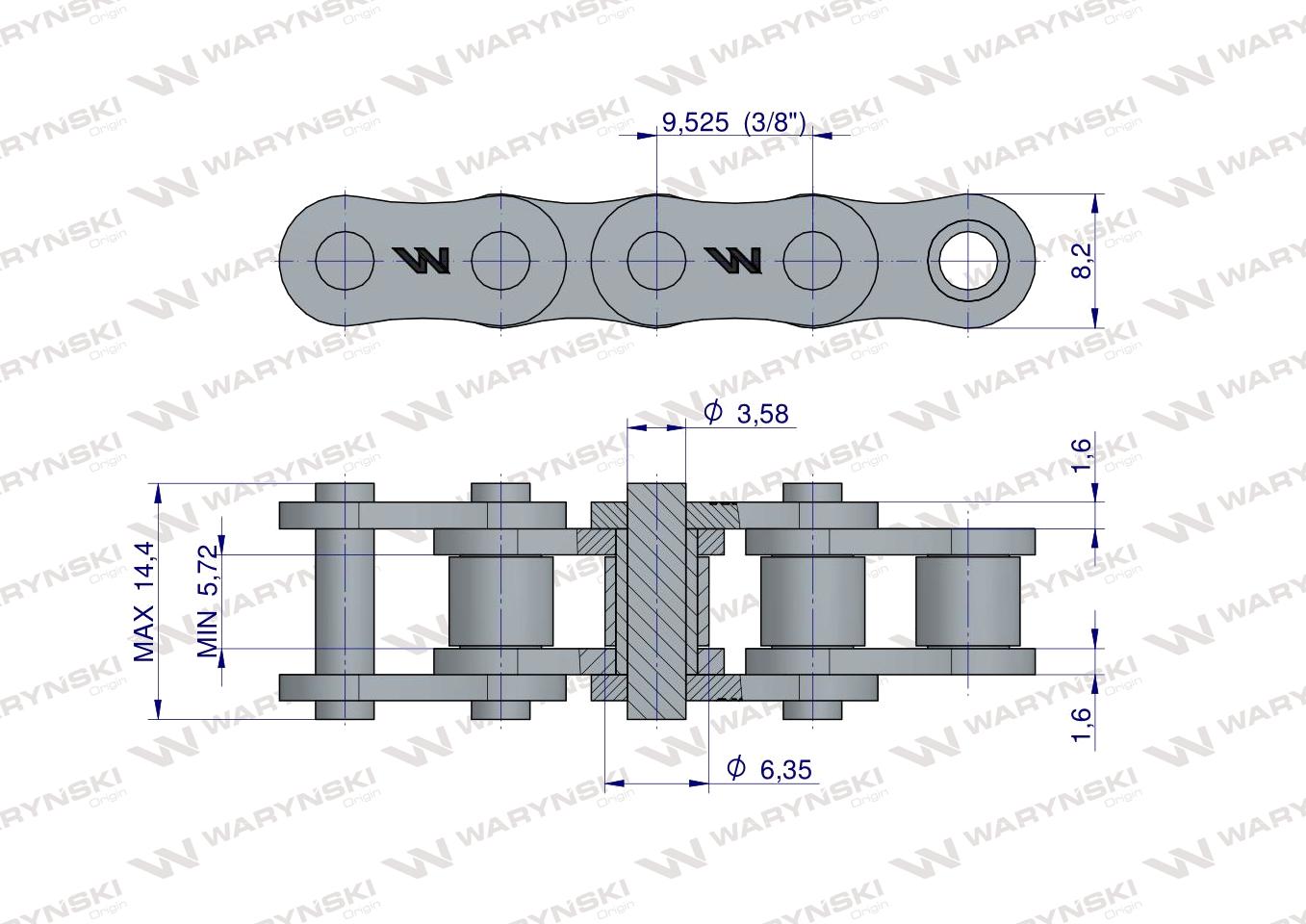Łańcuch rolkowy wzmocniony przemysłowy 06BH-1 (R1 3/8) 2.5 m Waryński